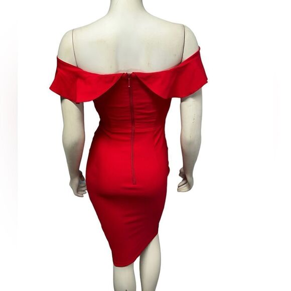 Vesper Red Knee Length Bodycon Dress Off Shoulder Fitted Sexy Red Party Cocktail - Picture 5 of 10